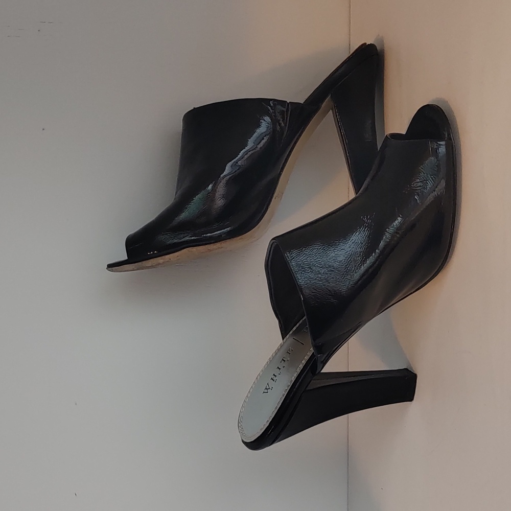 White House Black Market Black Patent Leather Peep-Toe Heeled Mules
